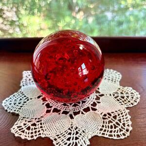 Vintage Ruby Red Controlled Bubble Art Glass Paperweight Orb, Decorative Sphere